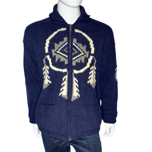 Vintage‎ Aztec Ecuador Handcrafted Full Zip Wool Sweater Navy Size Large